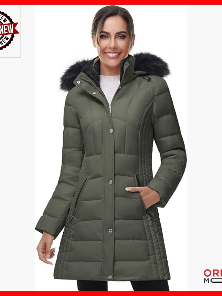 Women's Winter Down Puffer Coat Hooded Mid-Length Jacket Faux Fur Trim